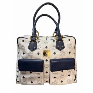 MCM Visetos Double Pocket Satchel Handbag Navy and White with Gold Hardware